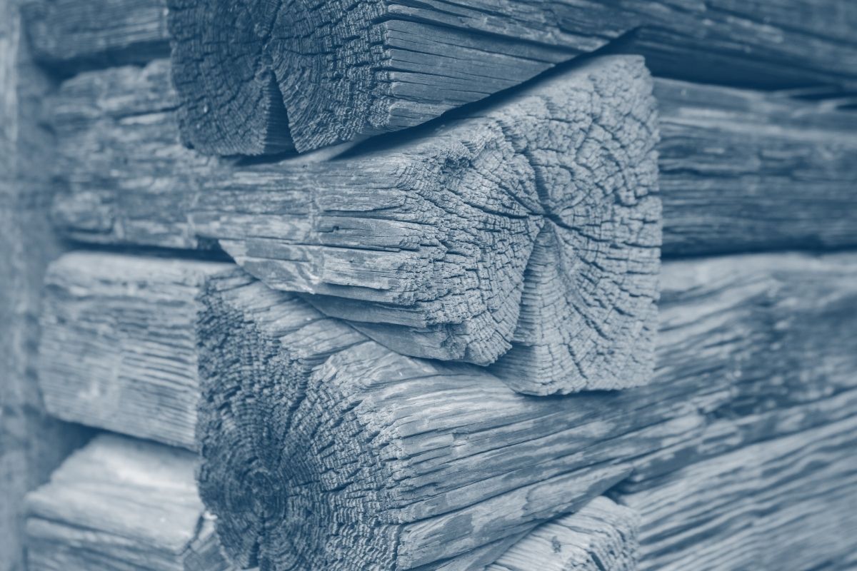 corner of a wooden cabin where the wood fits on top of each other with a blue highlight