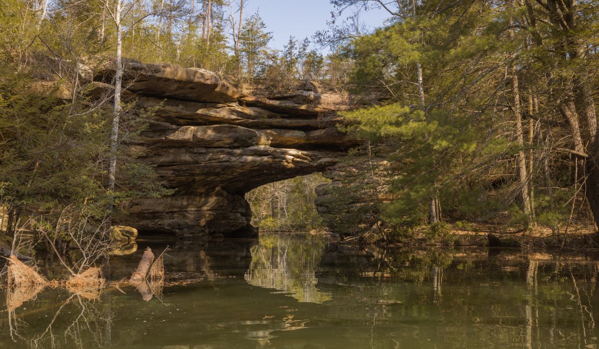 Natural rock bridge reflected in a tranquil forest pond.