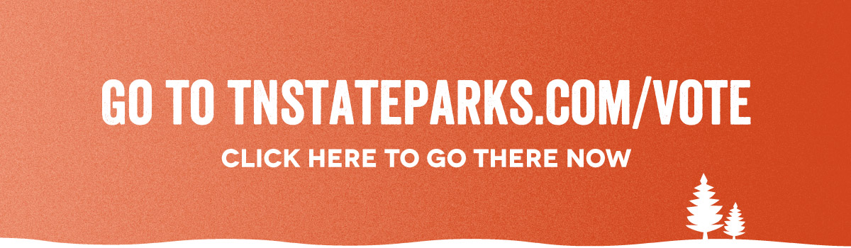 Bright orange graphic with white text for a voting URL and a small white tree icon.