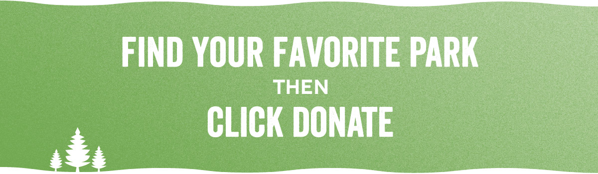 Green banner with stylized trees promoting park donations.