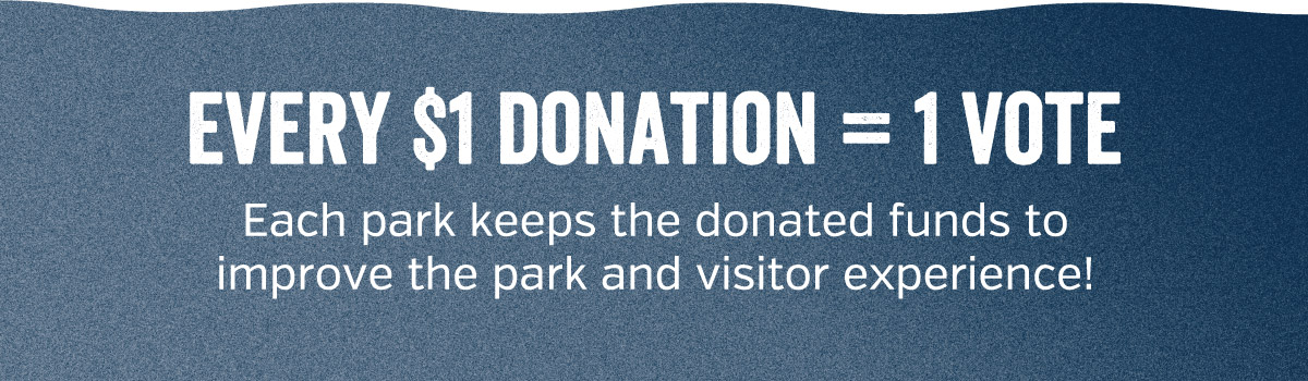 Blue banner with text promoting a donation campaign where $1 equals one vote to fund park improvements.