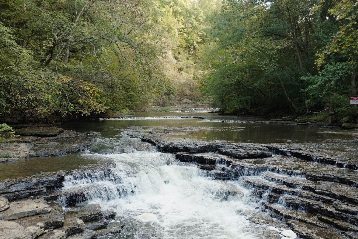 Water cascades over layered rocks in a shallow creek