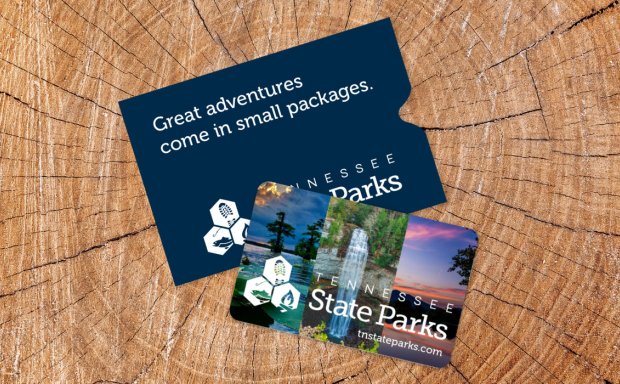 Brochures for state parks laid on a textured wooden background.
