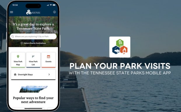 Smartphone displaying Tennessee State Parks mobile app advertisement with a scenic lake background.