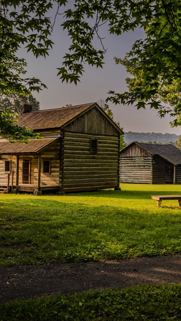 Rustic log cabins sit on a green lawn surrounded by lush trees, bathed in warm sunlight. A wooden bench and an information sign are nearby. Peaceful scene.