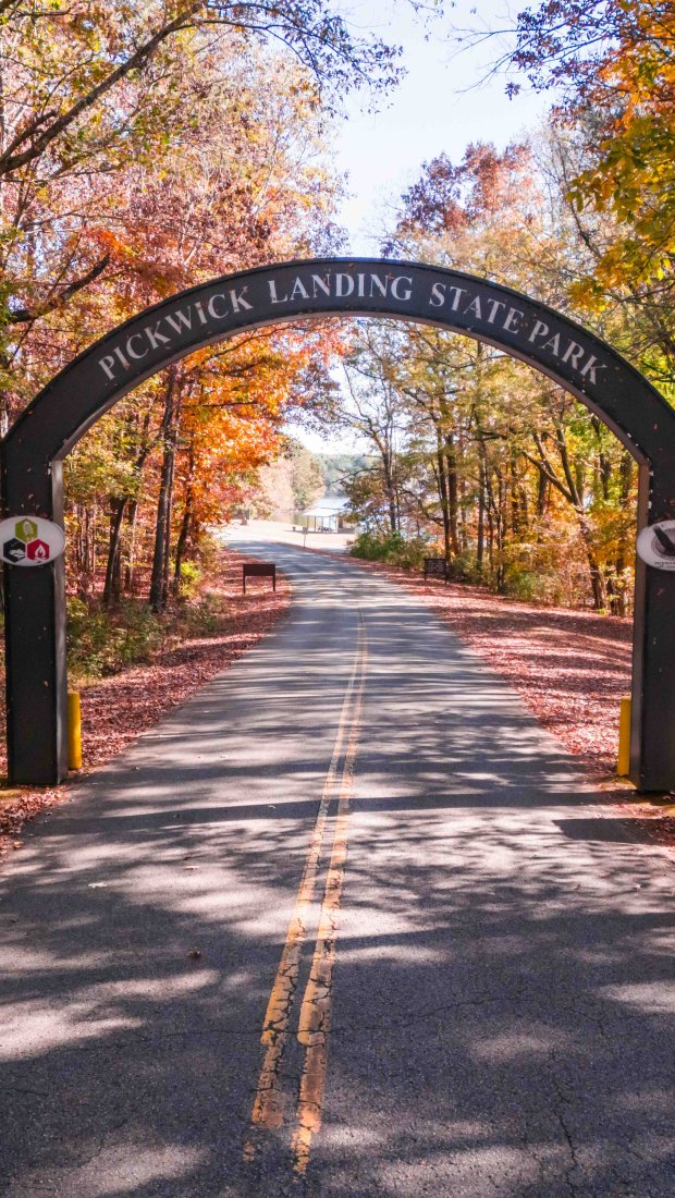 entrance sign above a road that says pickwick landing state park