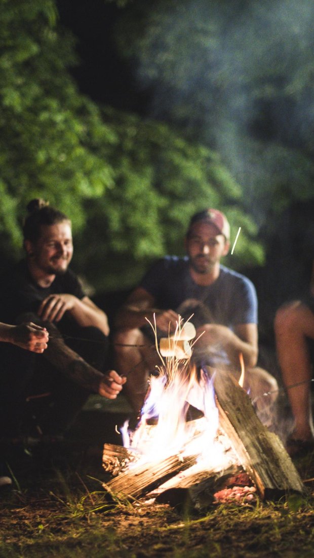A group of five people sit around a glowing campfire at night, roasting marshmallows. Trees and a cabin are faintly visible in the background. The mood is warm and cheerful.