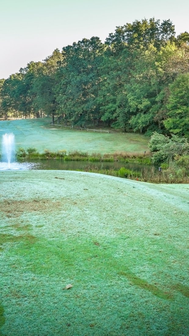 Morning dew on a golf course with a distant fountain in a pond.