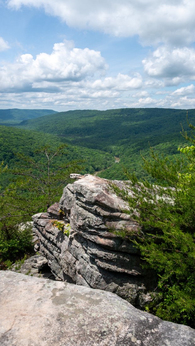 Rocky overlook with lush green valley under cloudy sky.