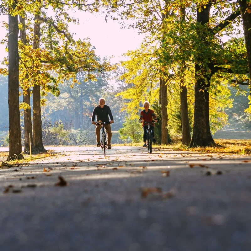 A couple bikes down a wide trail, surrounded by trees, smiling. 