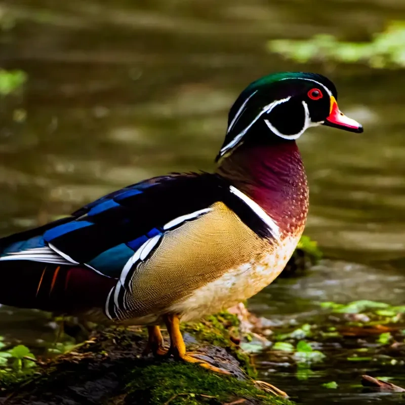 Colorful wood duck standing on a mossy log in a pond.