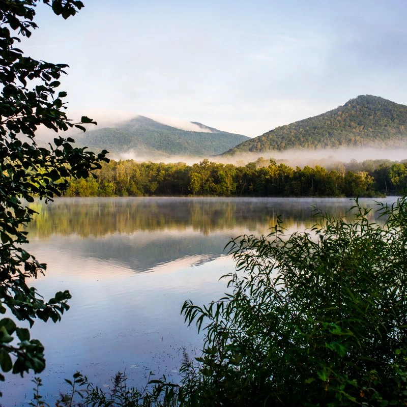 Serene lake with misty mountains and lush greenery in the foreground.
