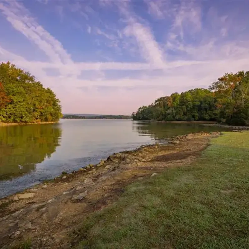 Calm lake with green trees under a purple sky.