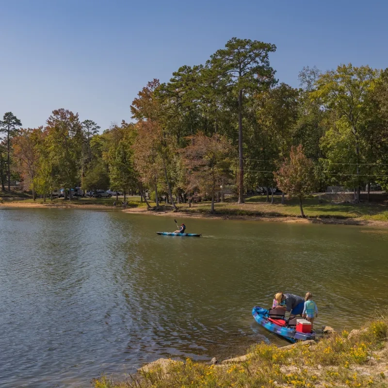 People kayaking on a calm lake surrounded by trees under a clear blue sky.