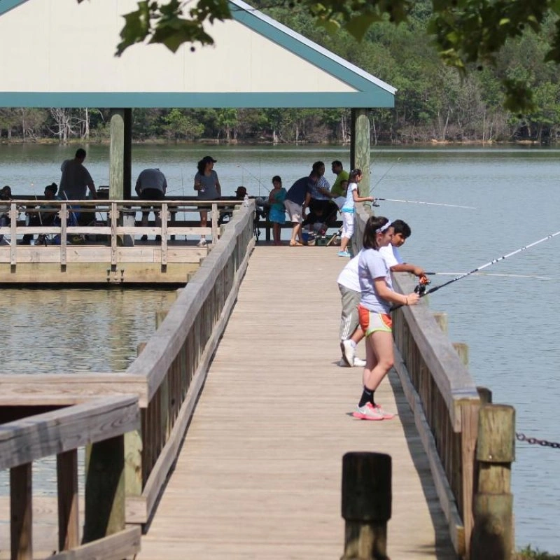 People fishing on a lakeside pier under a gazebo.
