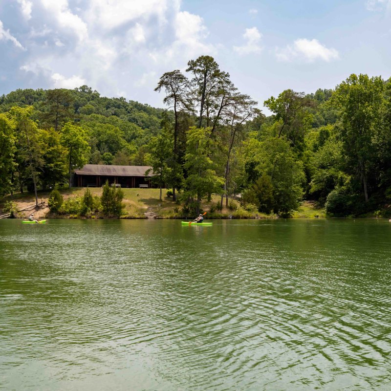 people paddling on the water with a building and trees in the background