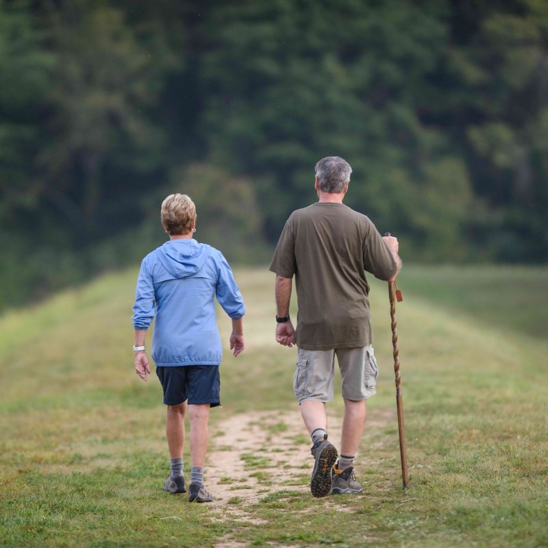 A couple walks on a grassy trail, the man holding a walking stick. Lush green trees line the background, conveying a peaceful, leisurely atmosphere.