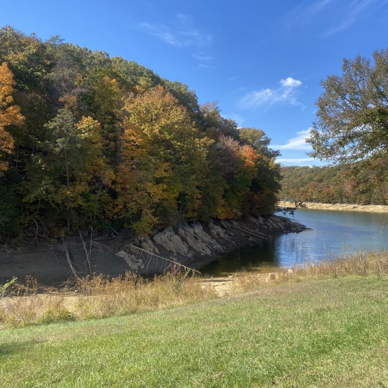 A tranquil lake bordered by trees with autumn leaves in orange, yellow, and green hues. The sky is clear blue, evoking a peaceful, serene atmosphere.