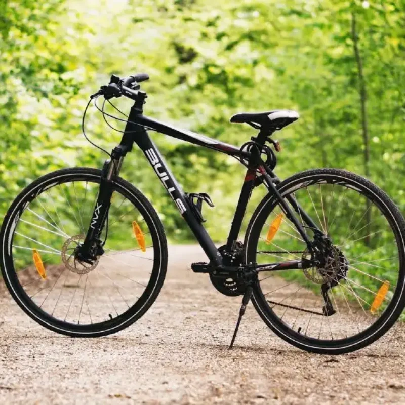Black bicycle on a forest path, surrounded by green trees.