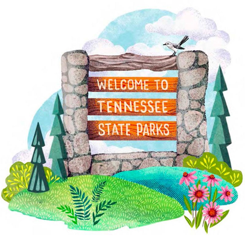 Illustration of a stone and wood sign that says welcome to Tennessee State Parks
