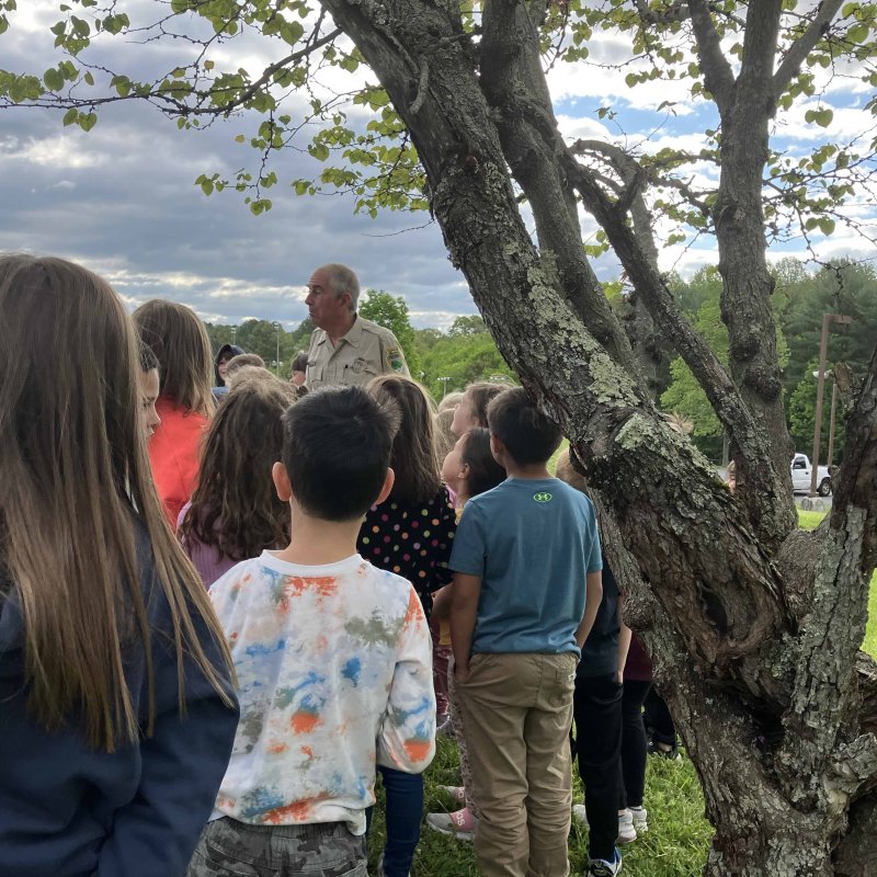 Group of children listening to a man outdoors near a tree.