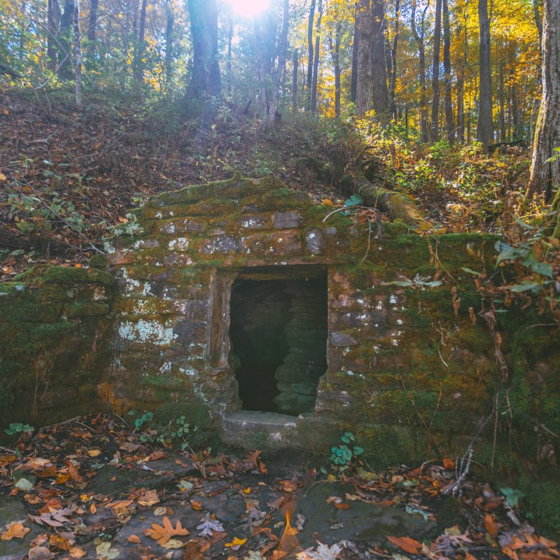 Stone cave entrance in a forest with autumn leaves.