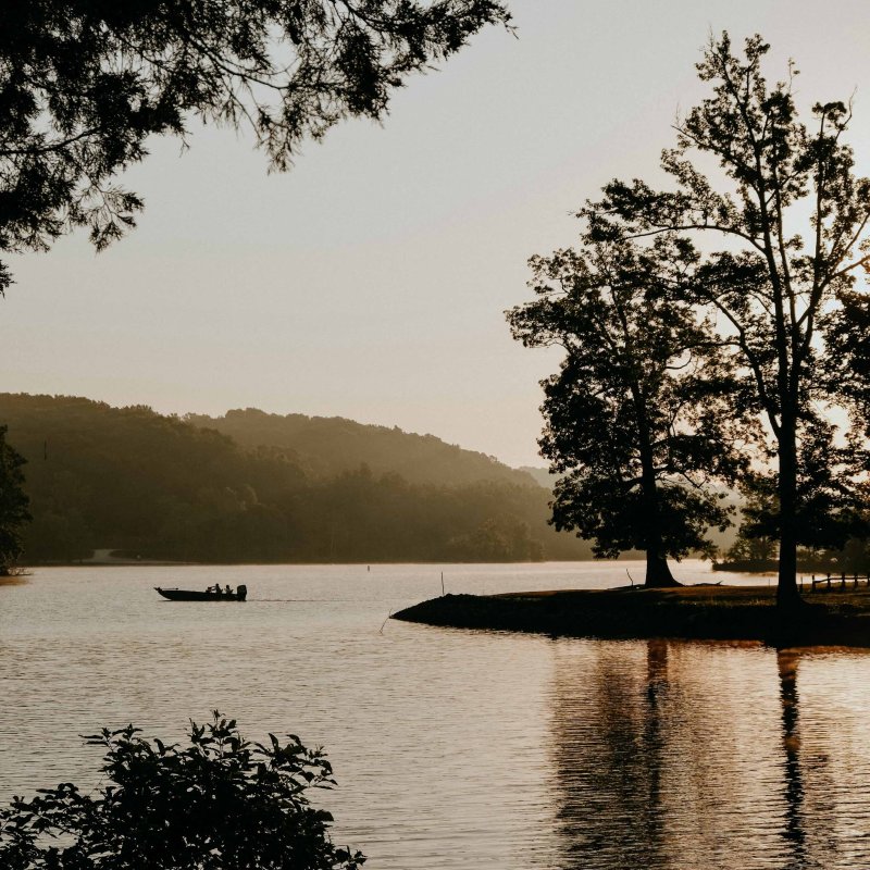 Sunrise over a tranquil lake with silhouetted trees and a distant boat.
