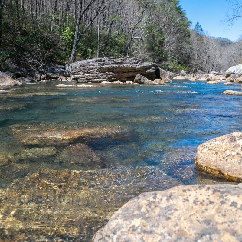 Clear river flowing through a rocky landscape with trees and a blue sky.