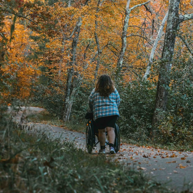 Woman walking with a bicycle on a path surrounded by autumn trees.