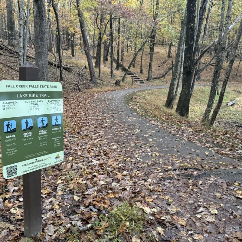 Signpost with trail map at a fork in a forested path during autumn.
