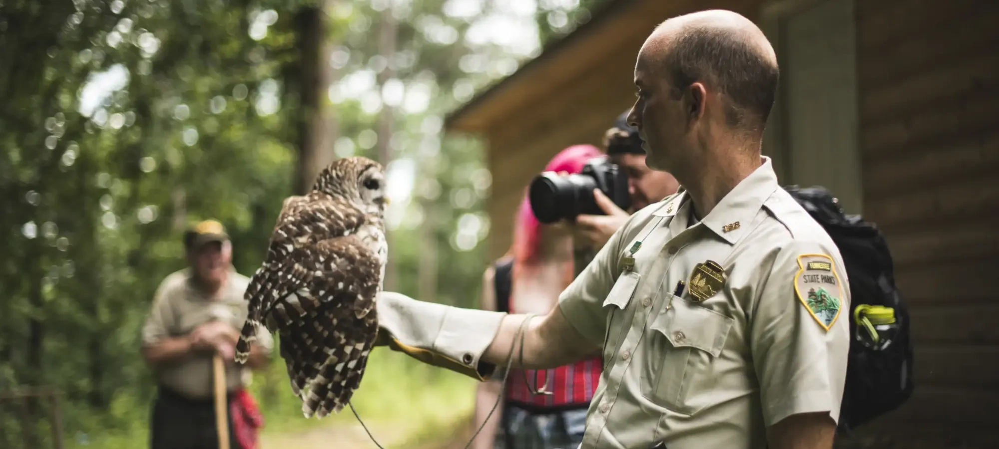 Park ranger holding an owl on gloved hand, people observing.