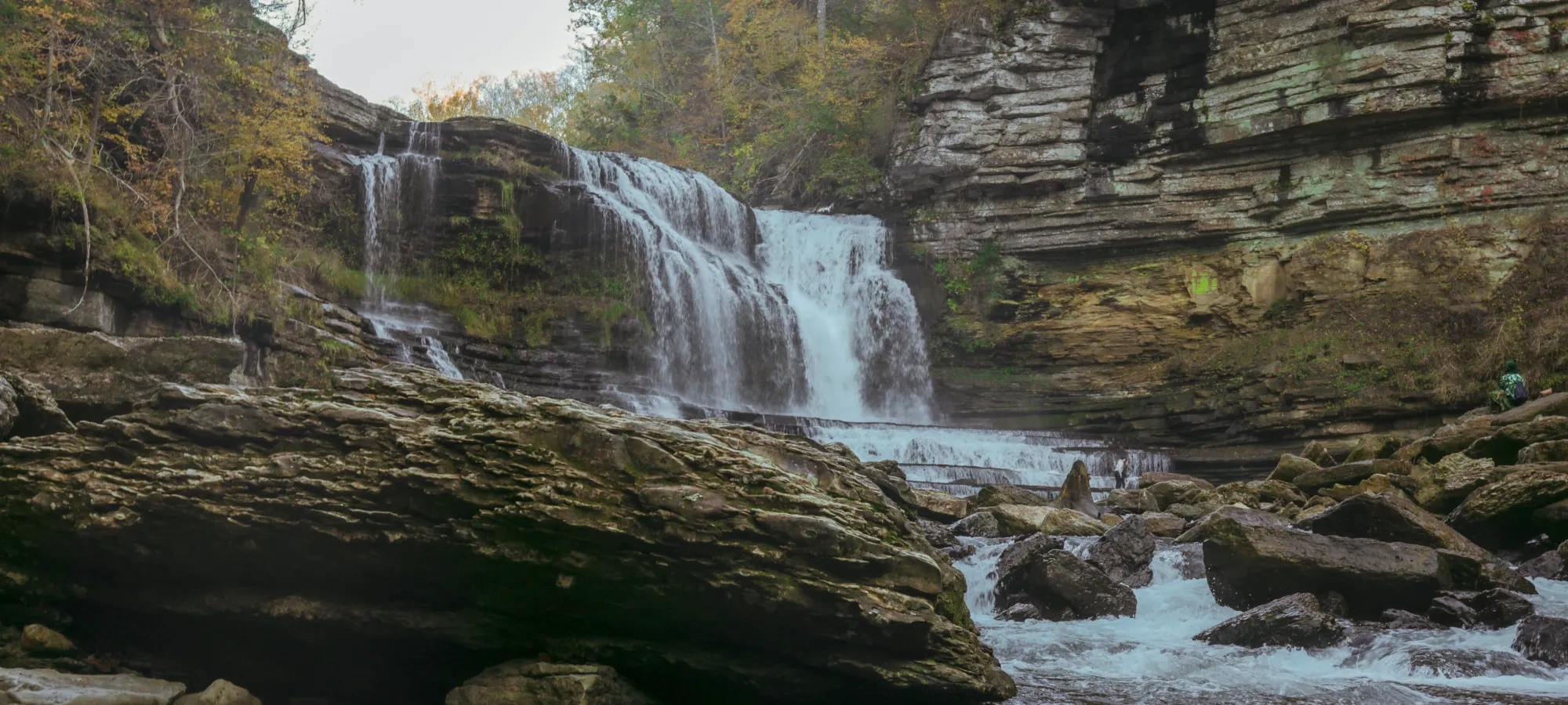 Waterfall surrounded by rocks that are walkable
