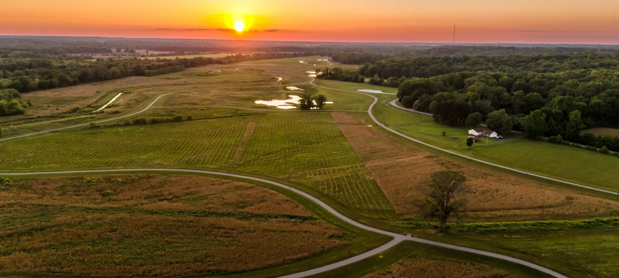 Aerial view of a serene landscape at sunset. A winding road cuts through vast fields and meadows, with a forest and glowing horizon in the background. Peaceful atmosphere.