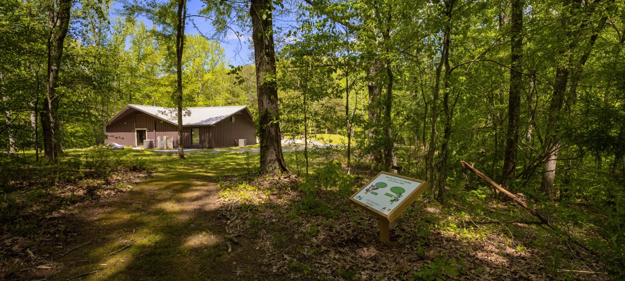 Forest trail leading to a cabin with a sign surrounded by green trees.