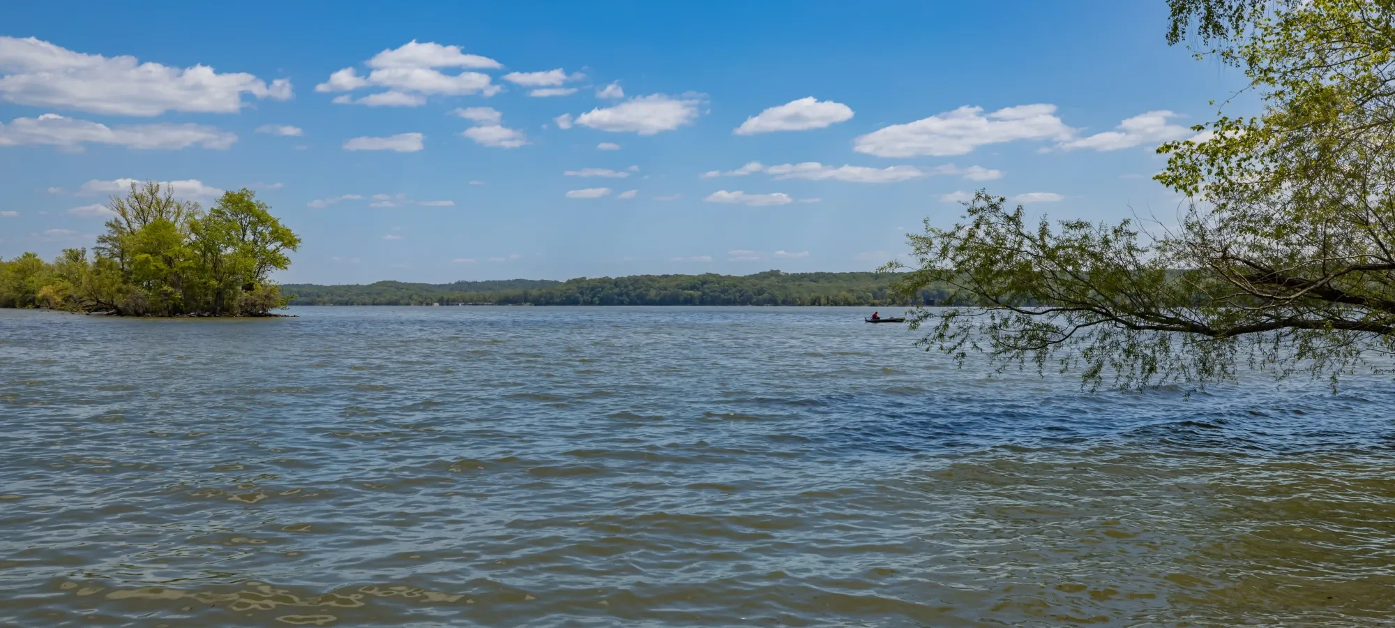 Calm lake under blue sky with scattered clouds and distant trees.