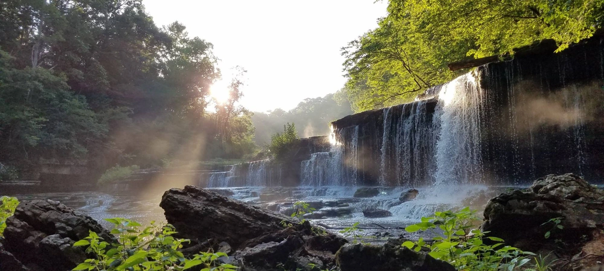 Waterfall in a lush forest with sunlight filtering through trees.