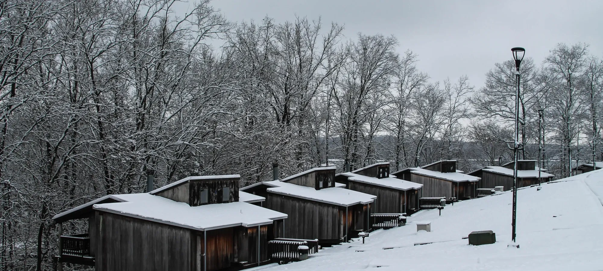 Row of wooden cabins on a snow-covered hill, framed by bare trees and a cloudy sky. A serene, winter atmosphere with a quiet, peaceful tone.