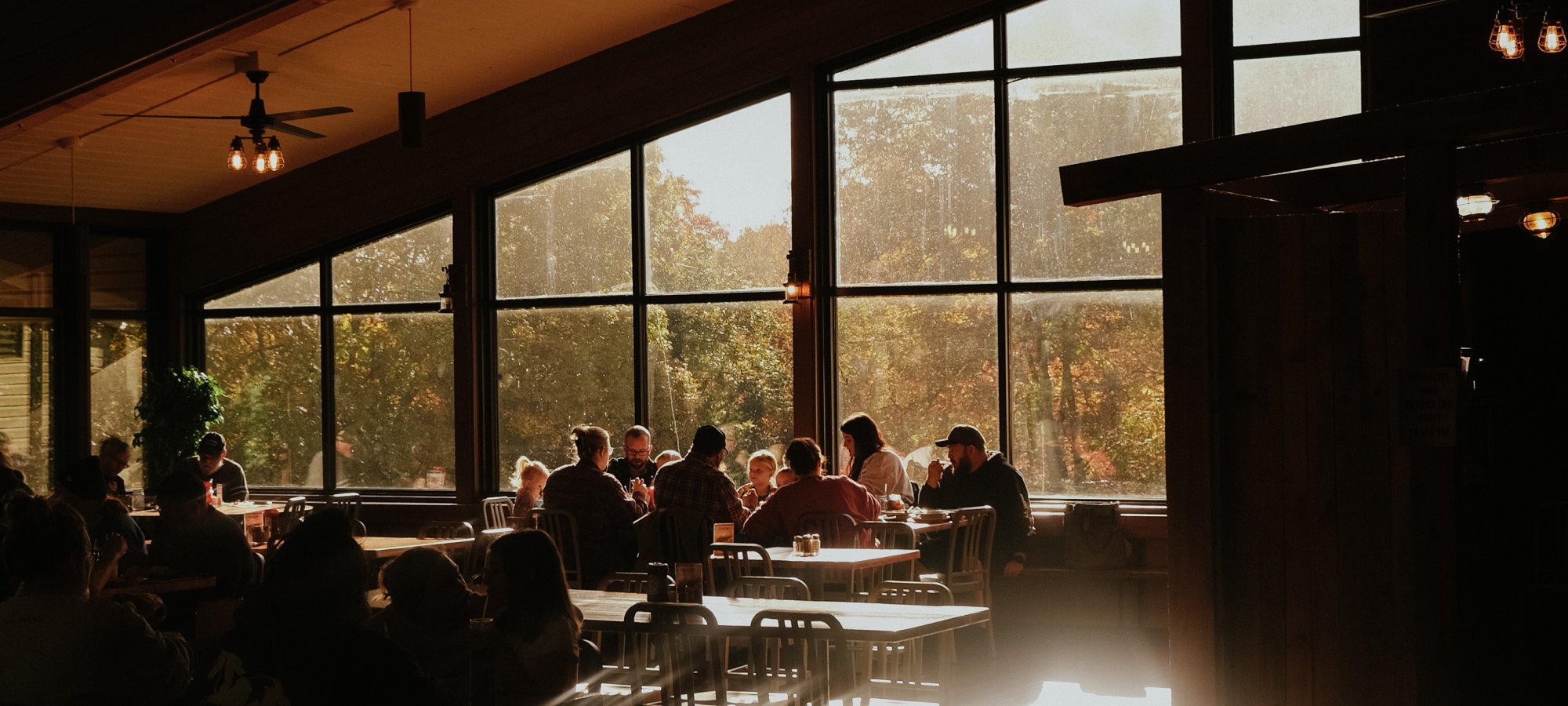 light streaming in from the back windows while families eat in the dining room of the restaurant