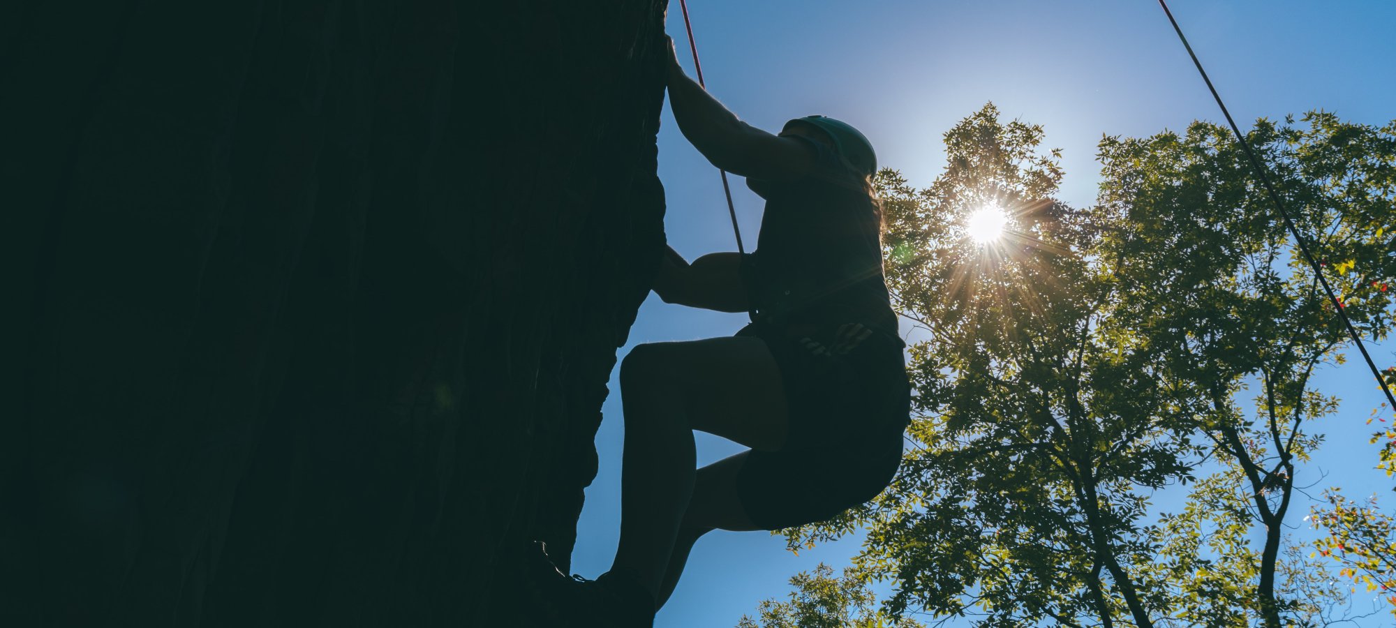 Silhouette of a rock climber scaling a cliff with a bright sun and tree in the background, conveying determination and adventure.