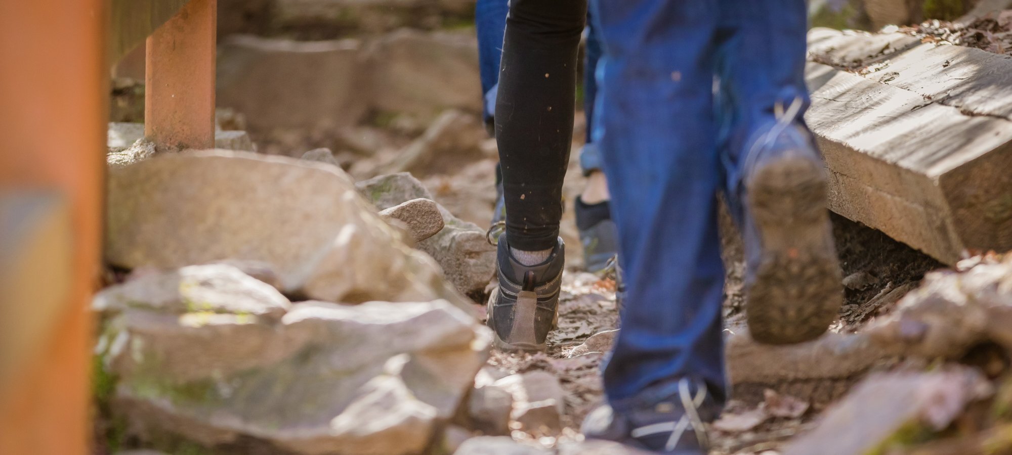 Two people wearing jeans and hiking shoes walk up a rocky, uneven trail. Wooden post and dappled sunlight suggest a peaceful, outdoor setting.