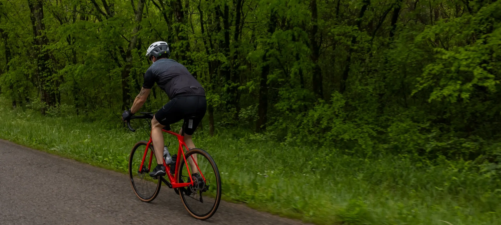 Cyclist on a red bike rides along a forested road.
