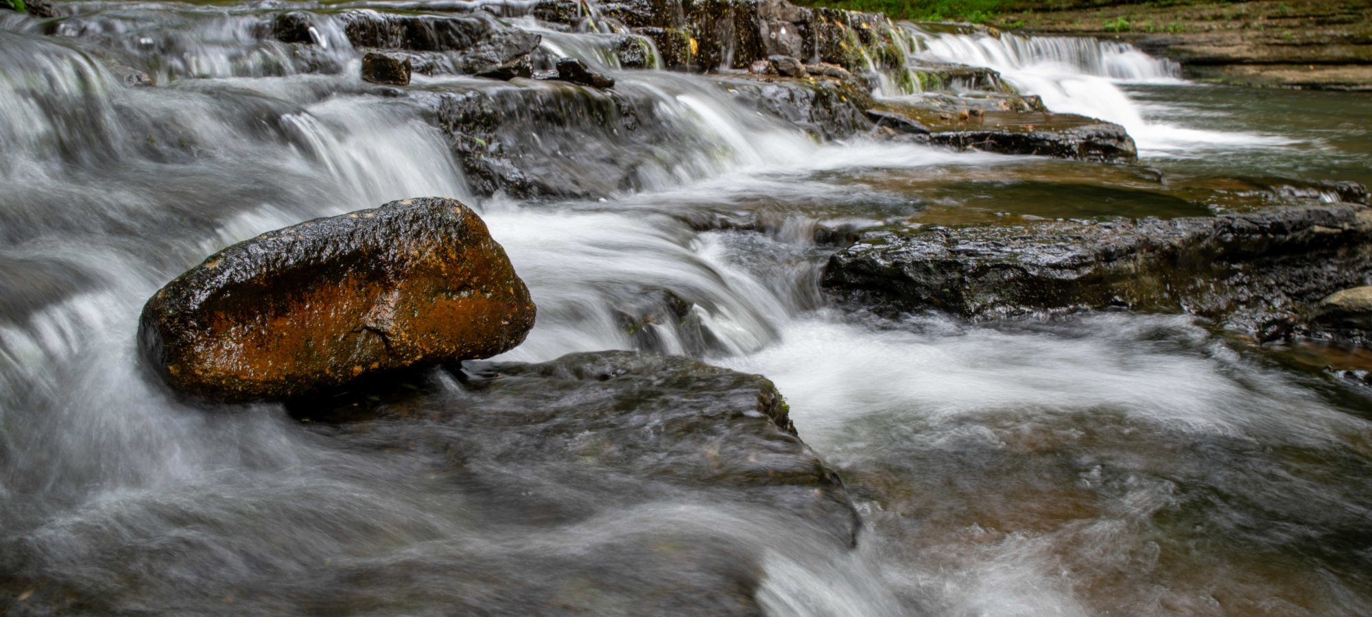 A serene forest stream cascades over smooth rocks, creating gentle whitewater. Lush green trees frame the scene, evoking tranquility and freshness.