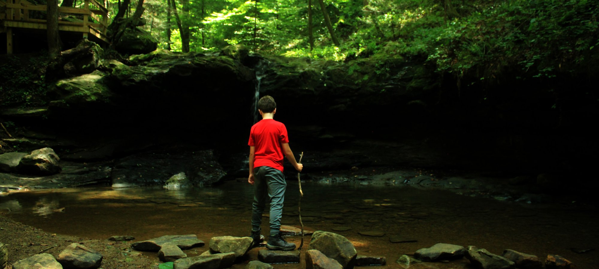 A child in a red shirt stands on rocks by a calm forest stream, holding a stick. Sunlight filters through lush green trees, creating a serene atmosphere.