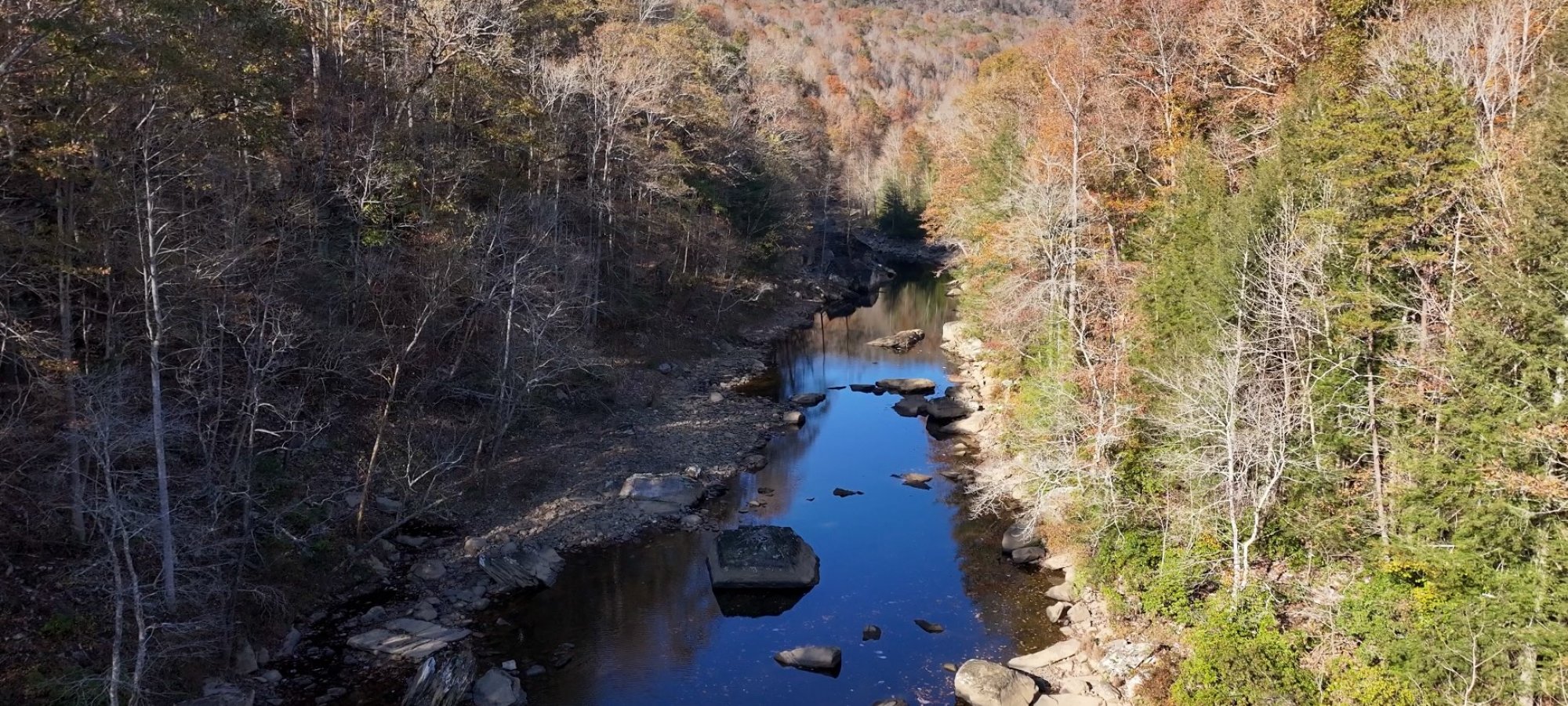 A serene river flows through a forest of autumn trees with colorful leaves. The sky is clear, and the scene conveys tranquility and natural beauty.