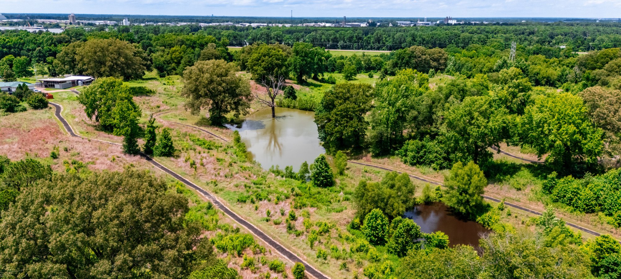 Aerial view of a lush park landscape with winding paths, two small ponds, and dense greenery. The scene is calm and expansive under a partly cloudy sky.