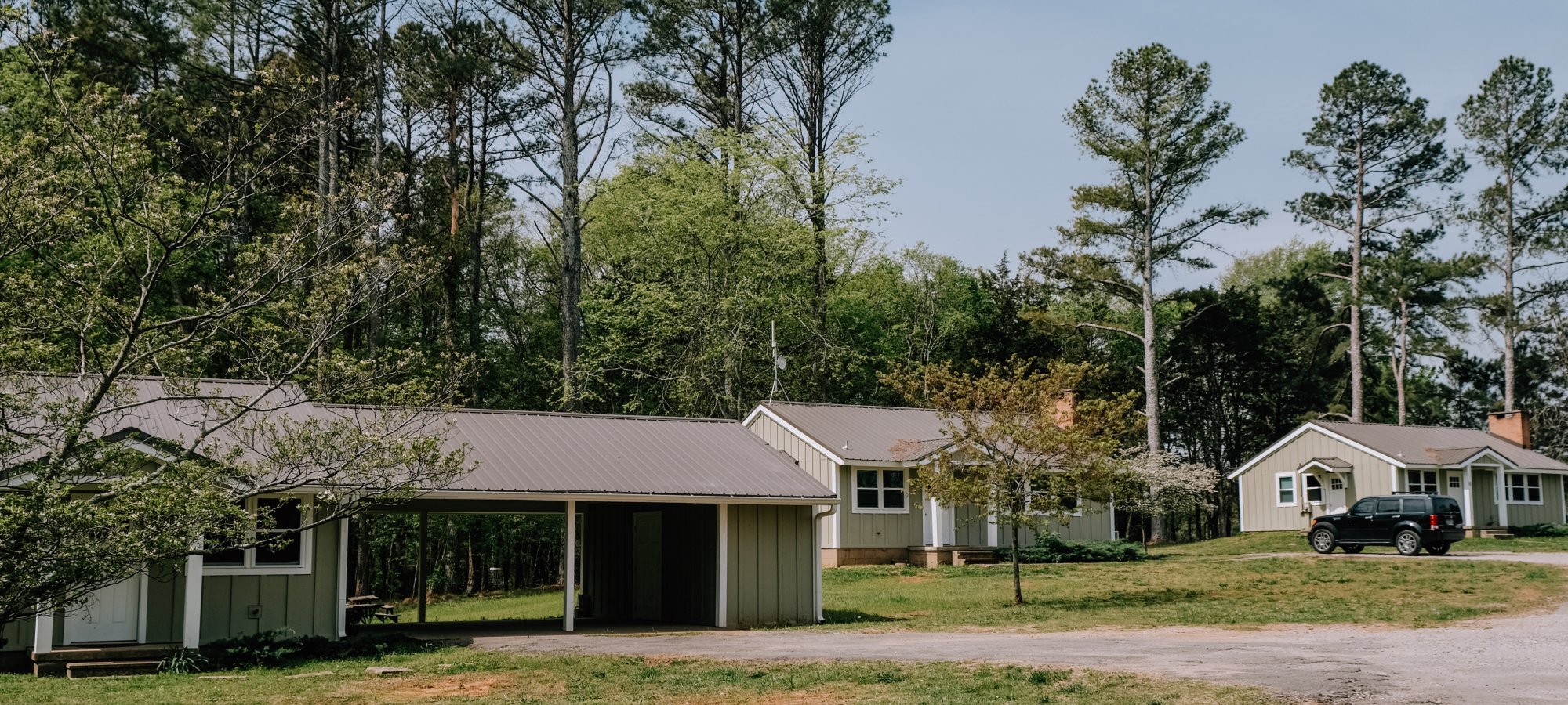 Rural scene with three small, light-colored houses surrounded by tall trees under a clear sky. A car is parked near one of the homes. Calm, peaceful setting.