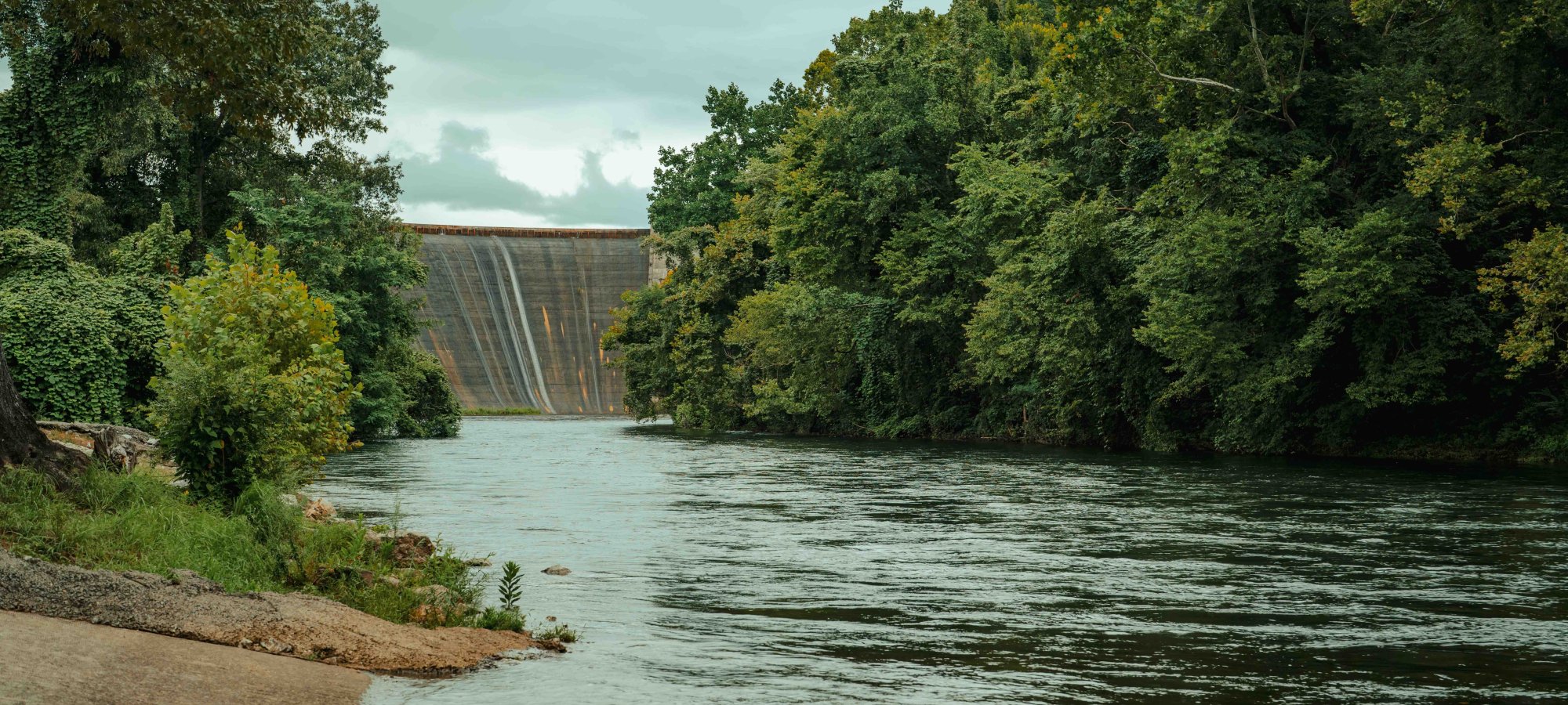 view of water flowing down a river surrounded by trees with a dam in the distance
