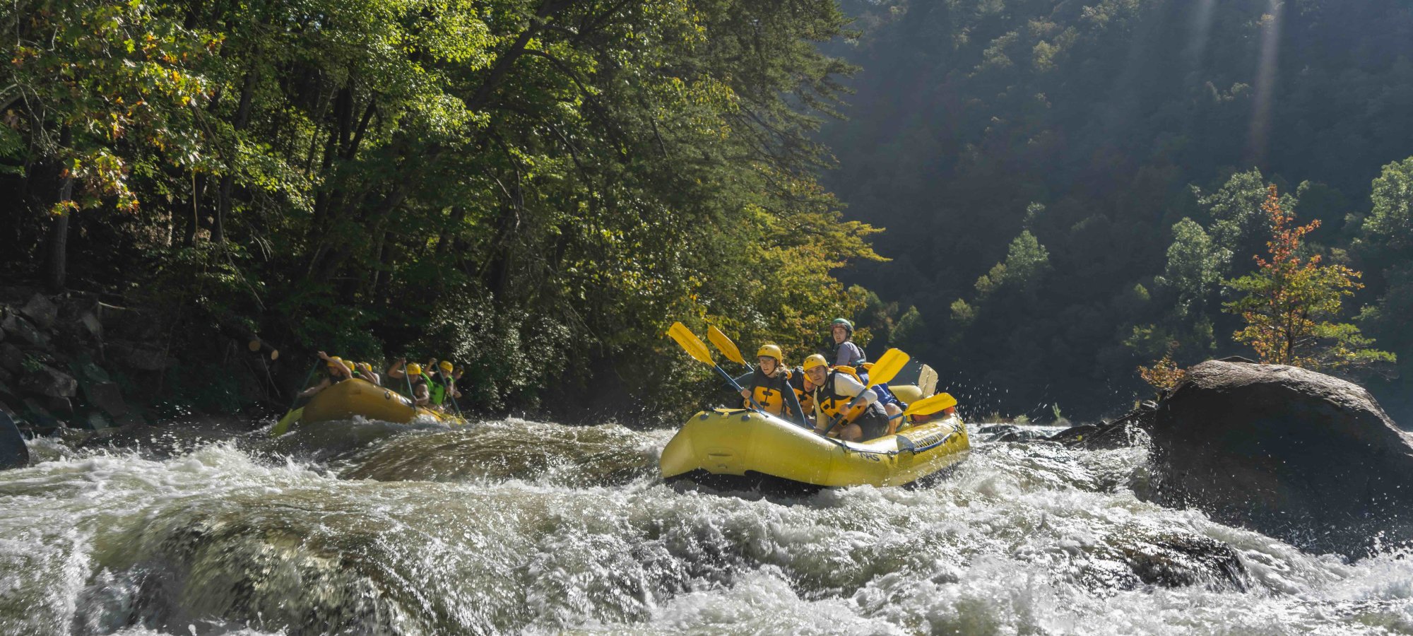 two groups of people white water rafting in a river in yellow rafts