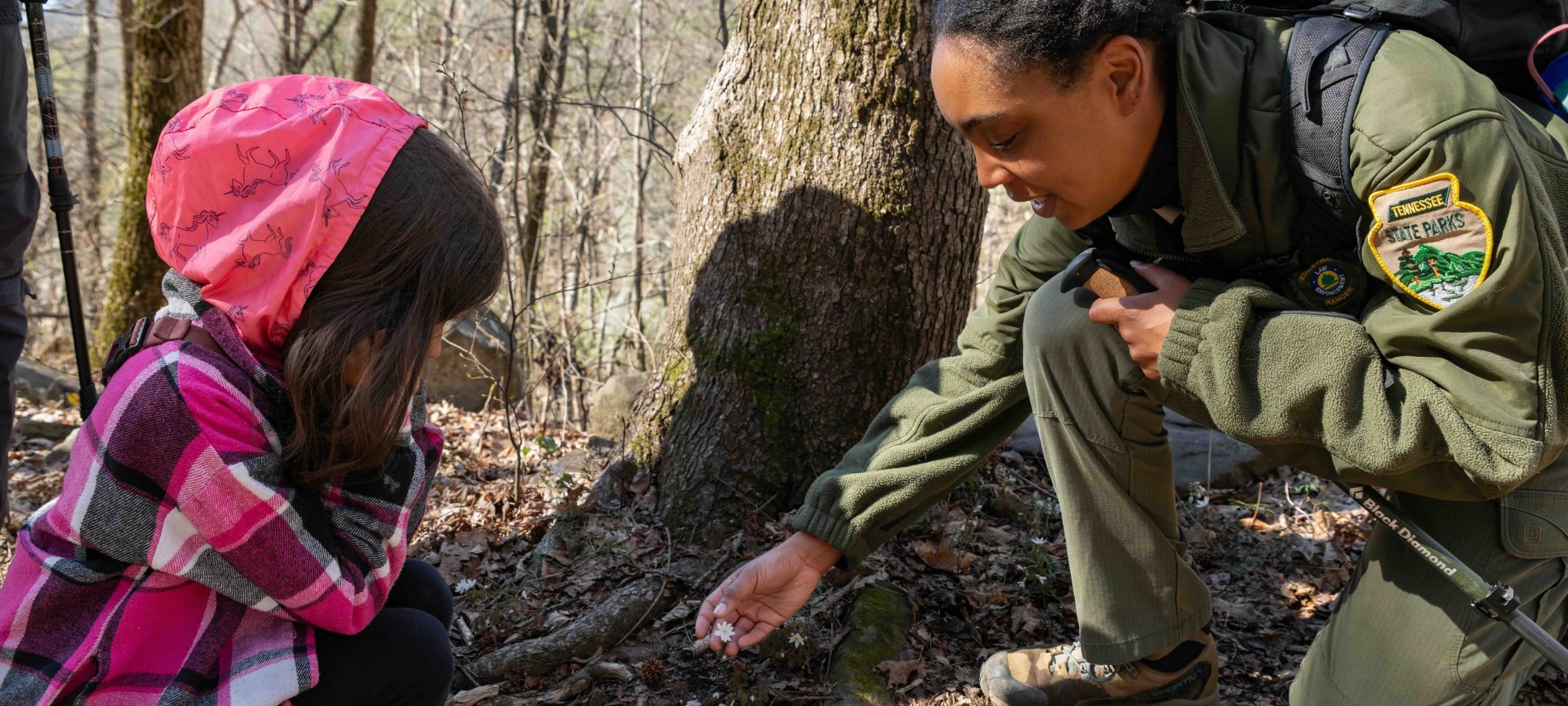 Park ranger explaining nature to a young girl in a forest.