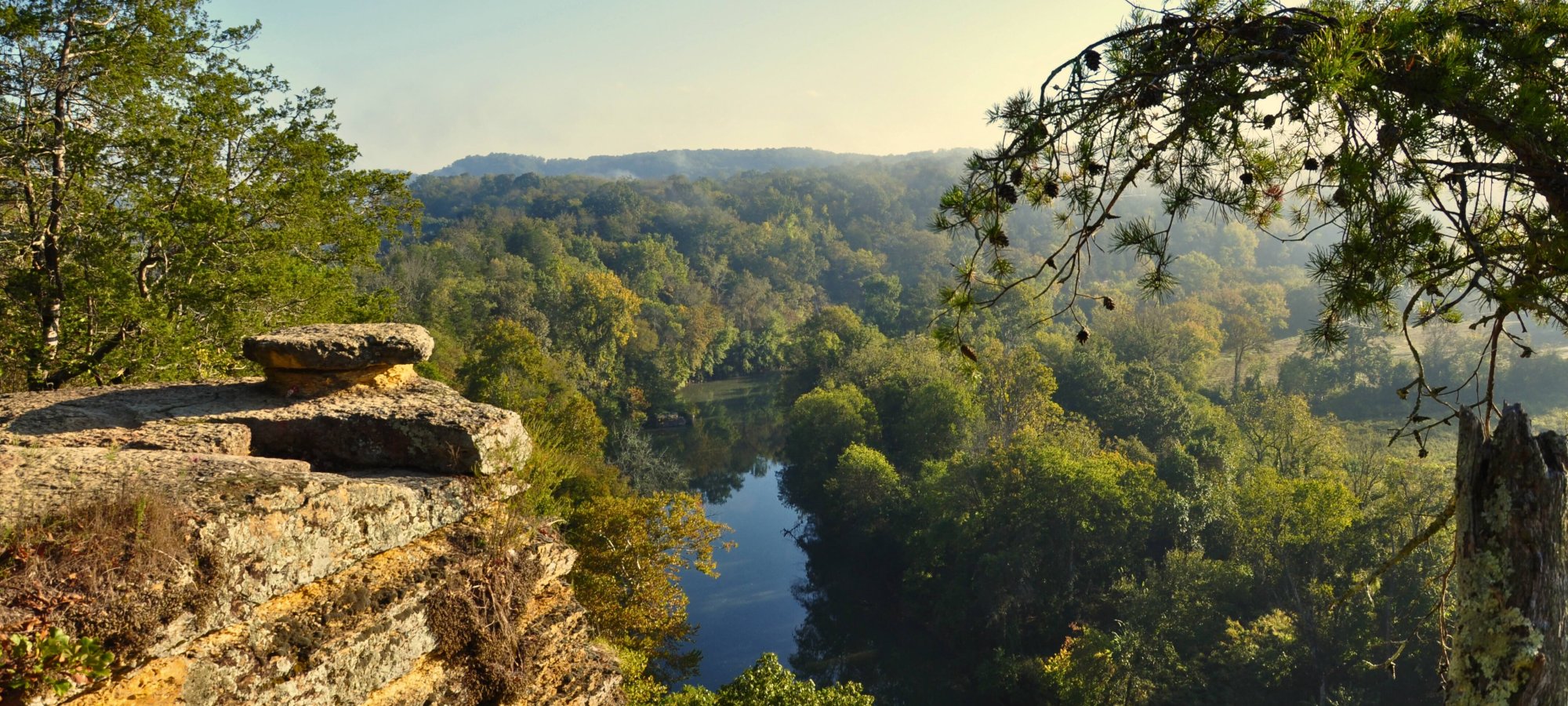 Sunrise over a serene river viewed from a lush, rocky cliff.